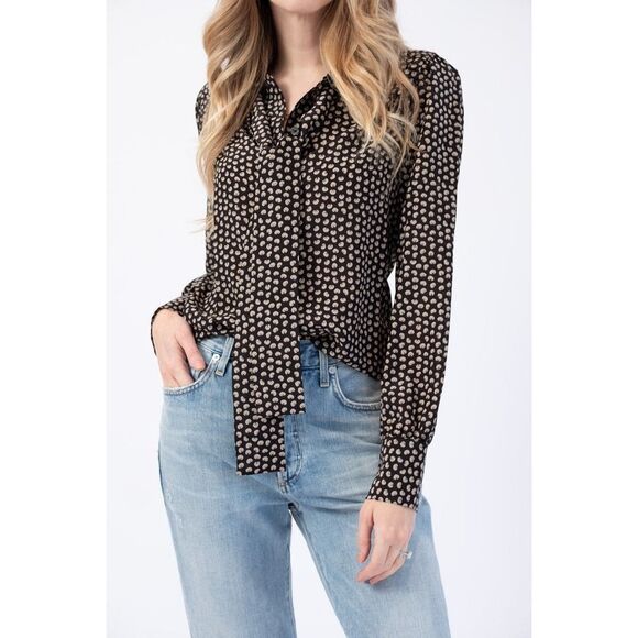 Re/Done 70s Tie Blouse in Beige and Black Croissant Print Size S - Picture 12 of 12